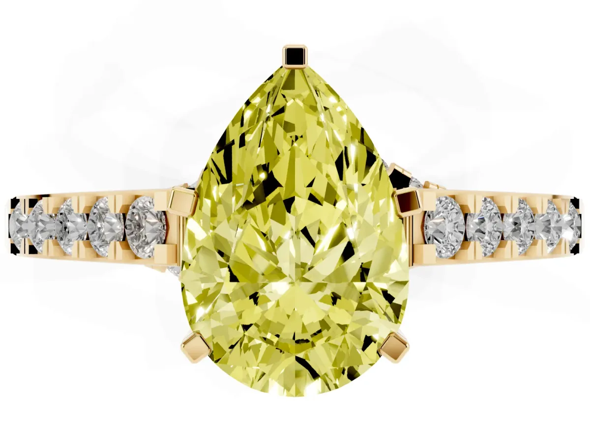 Fancy Yellow Pear Cut Diamond Solitaire Ring with Crossover Gallery and Round Pavé Band Yellow gold