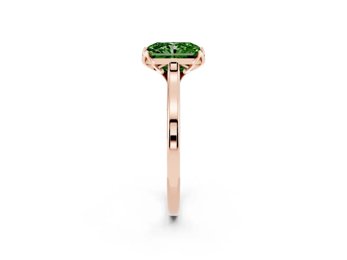 Fancy Green Radiant Cut Diamond Solitaire Ring with Flower Prong Setting and Classic Band Rose gold