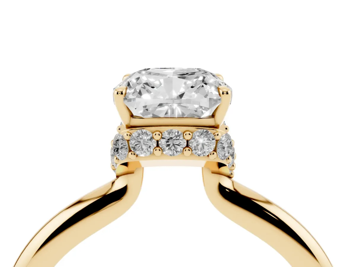 Cushion Cut Brilliant Solitaire Engagement Ring with Six-Prong Setting and Classic Band Yellow gold