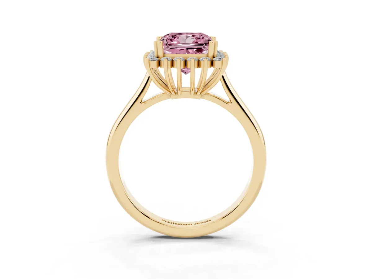 Fancy Pink Princess Cut Cut Diamond Halo Ring with Solitaire Band and Prong Setting Yellow gold