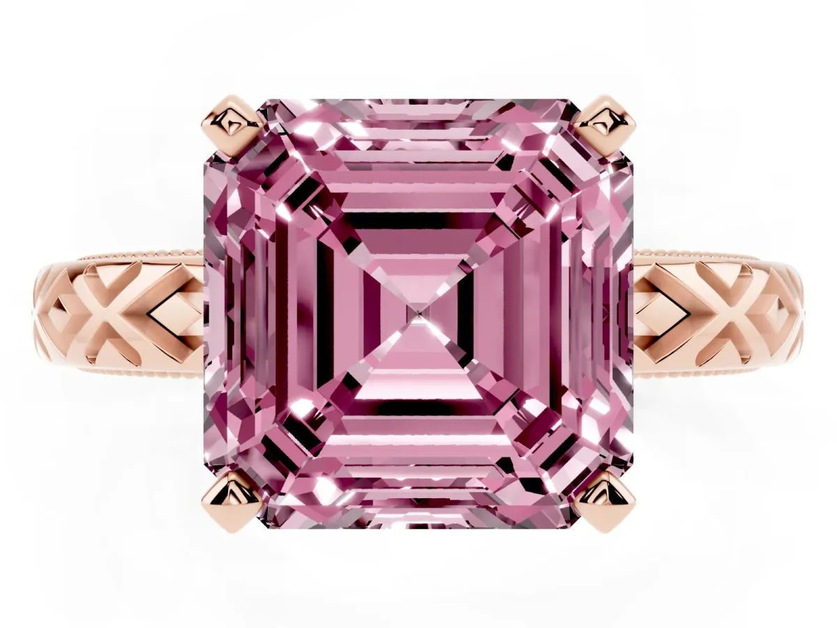 Fancy Pink Asscher Cut Solitaire Diamond Ring with Milgrain and Black Enamel X Pattern Band Rose gold