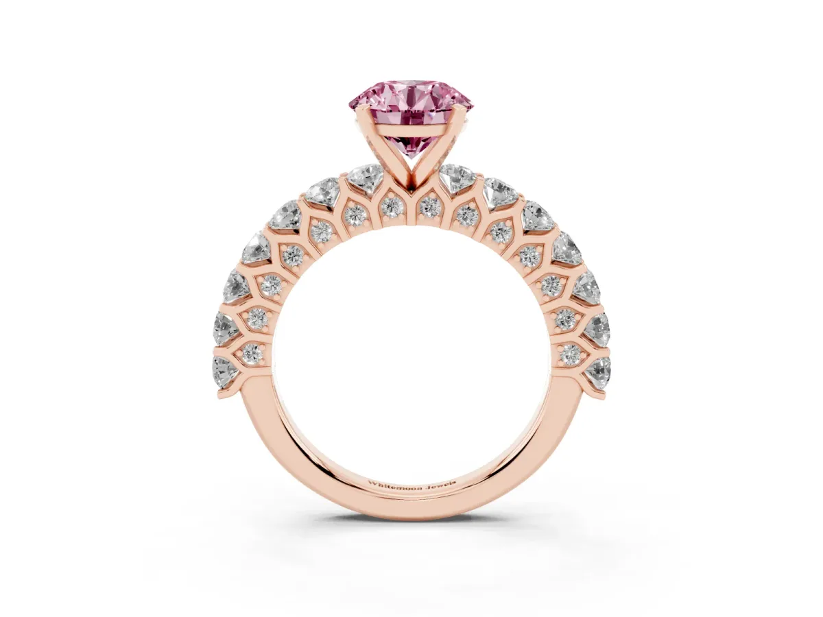 Fancy Pink Round Cut Diamond Solitaire Ring with Shared Prong Pavé Band and Four-Prong Setting Rose gold