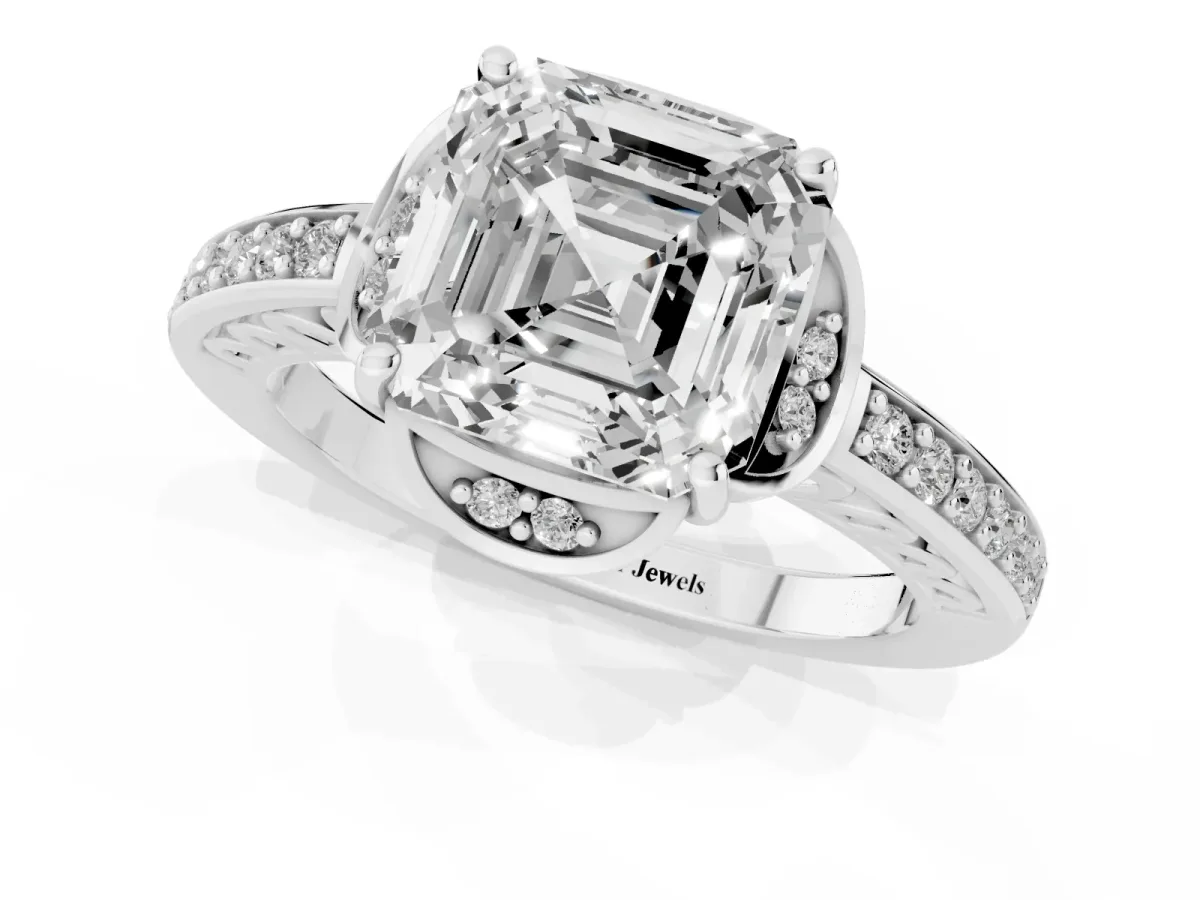 Asscher Cut Cut Halo Diamond Ring with Channel Set Band and Four-Prong Setting White gold