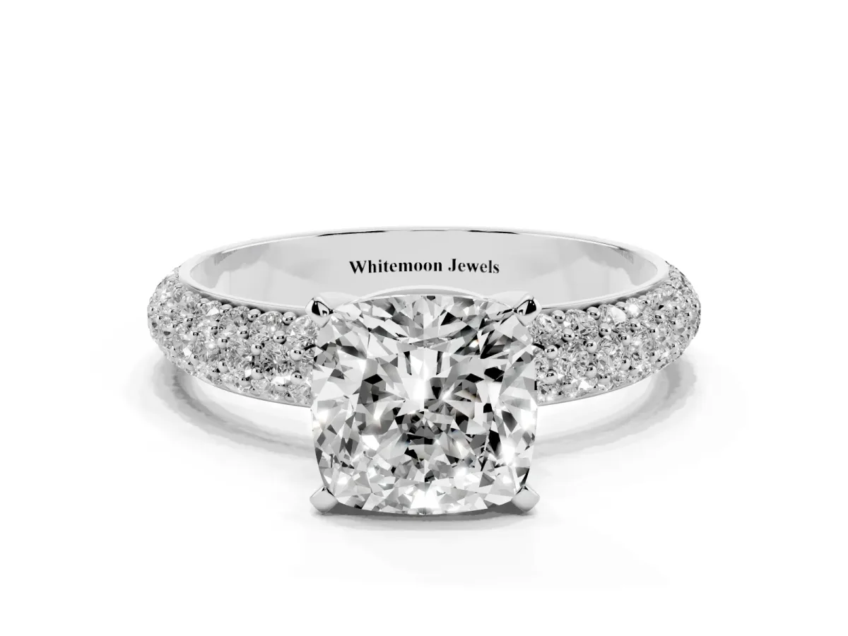 Cushion Cut Diamond Solitaire Ring with Prong Setting and Pavé Band Silver