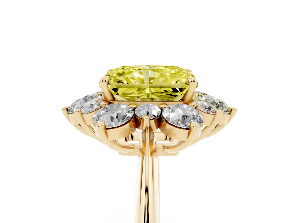 Fancy Yellow Radiant Cut Diamond Cluster Halo Ring with Solitaire Band and Four-Prong Setting Yellow gold