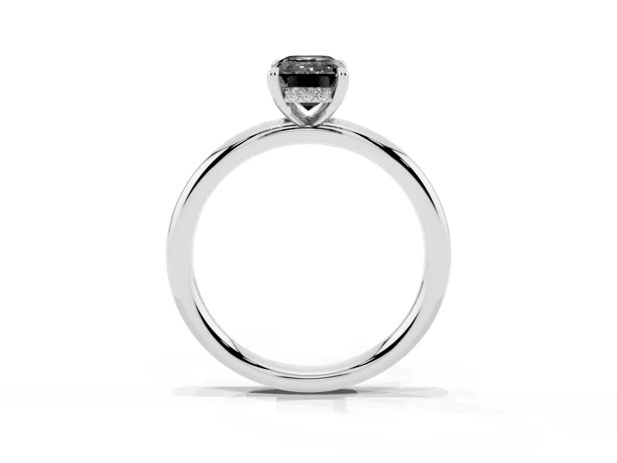 Fancy Black Emerald Cut Diamond Solitaire Ring with Thin Band and Four-Prong Setting Silver