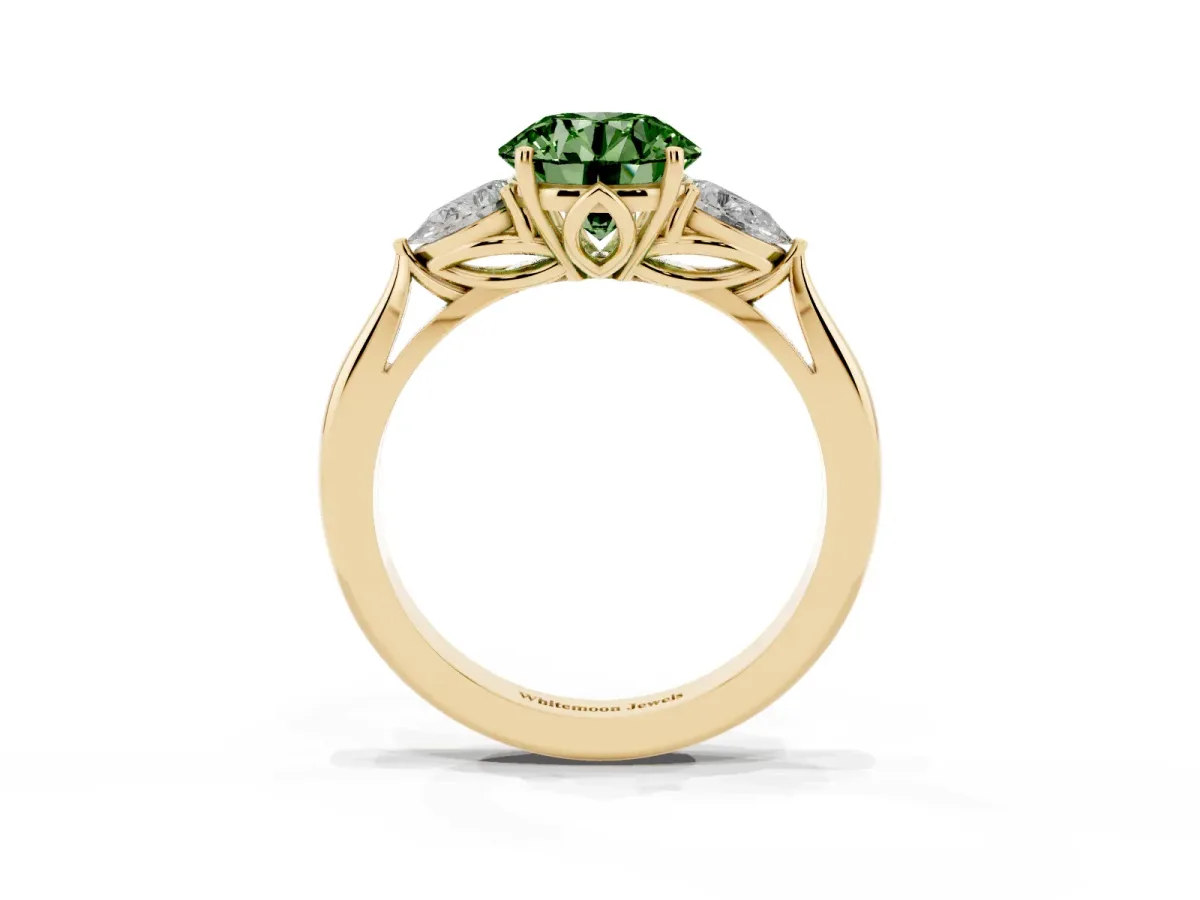 Fancy Green Round Cut Diamond Three-Stone Ring with Pear Side Stones and Prong Setting Yellow gold