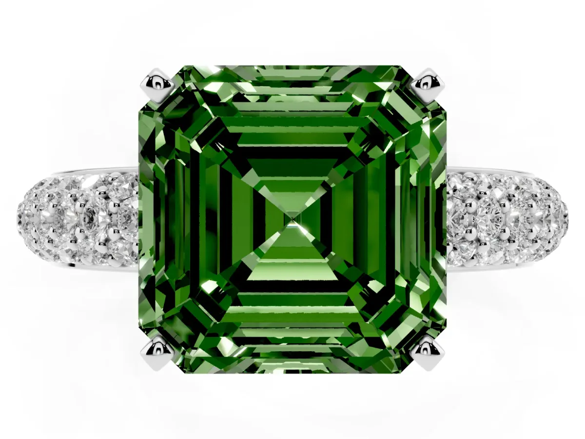 Fancy Green Asscher Cut Diamond Solitaire Ring with Prong Setting and Pavé Band Silver