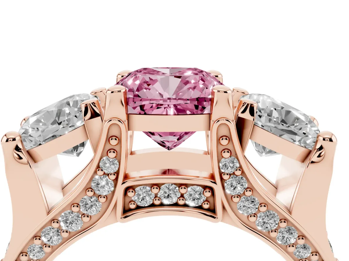 Fancy Pink Cushion Cut Diamond Three-Stone Ring with Channel Set Band and Four-Prong Setting Rose gold
