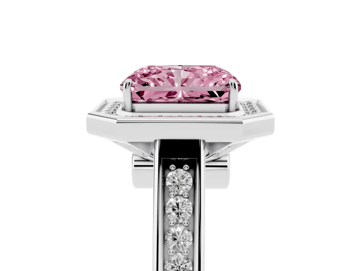 Fancy Pink Emerald Cut Halo Solitaire Diamond Ring with Pave Band and Bezel Setting Silver