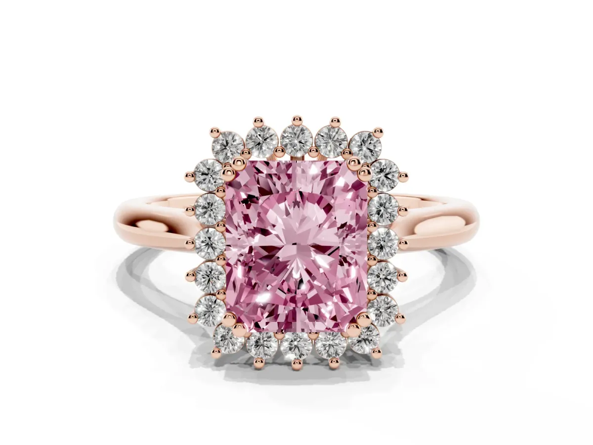 Fancy Pink Radiant Cut Cut Diamond Halo Ring with Solitaire Band and Prong Setting Rose gold
