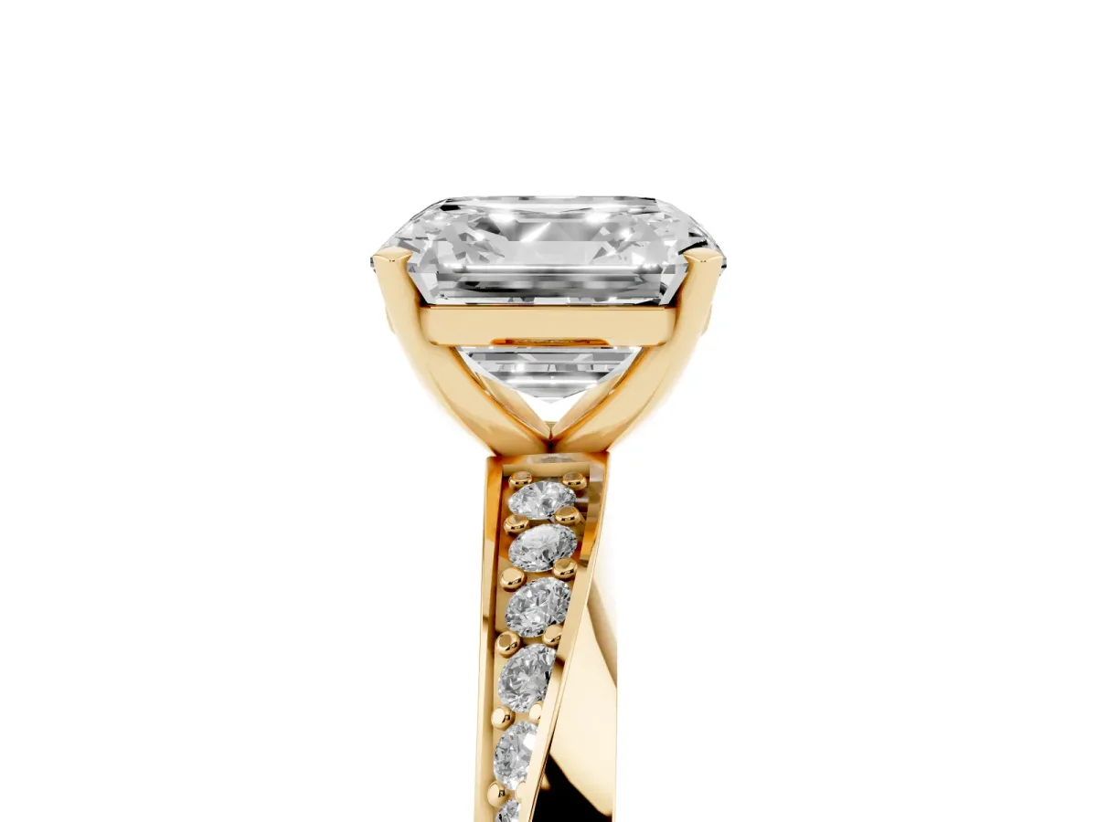 Asscher Cut Diamond Engagement Ring with Side Stone Accents and Four-Prong Setting Yellow gold