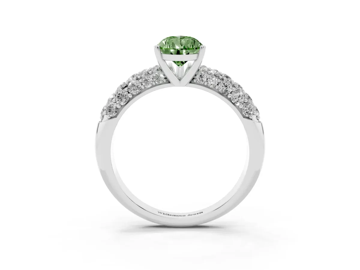 Fancy Green Pear Cut Diamond Pavé Band Solitaire Ring with Four-Prong Setting White gold