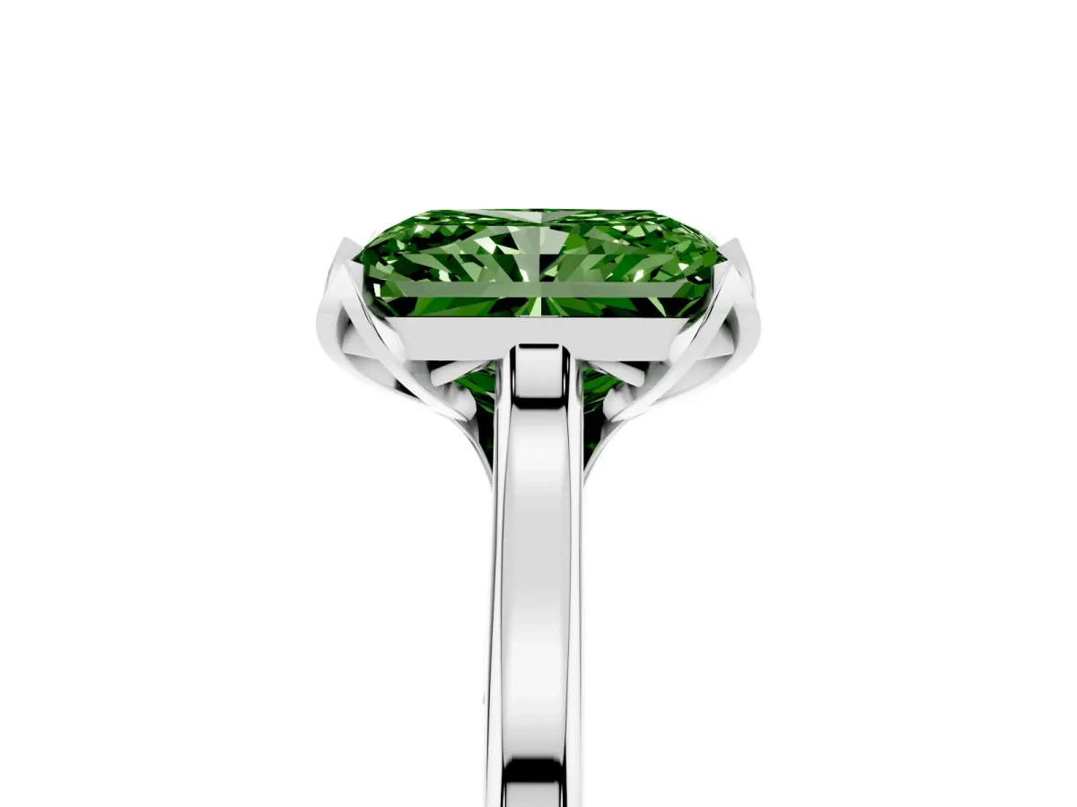 Fancy Green Radiant Cut Diamond Solitaire Ring with Flower Prong Setting and Classic Band Silver