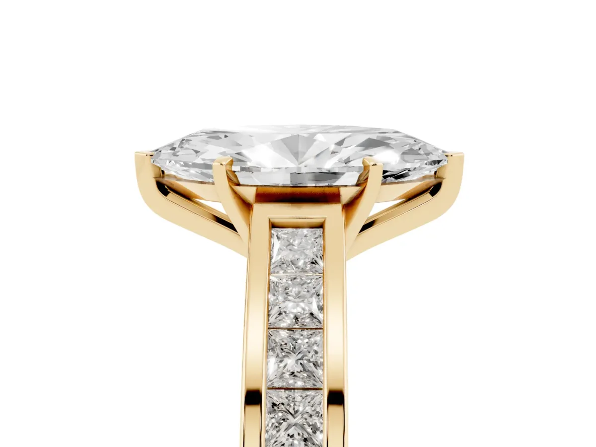 Marquise Cut Solitaire Diamond Ring with Channel-Set Band and Four-Prong Setting Yellow gold