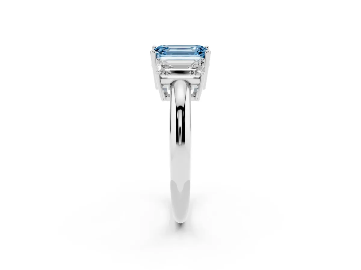 Fancy Blue Three-Stone Emerald Cut Cut Diamond Engagement Ring with Prong Setting on a White Gold Band White gold