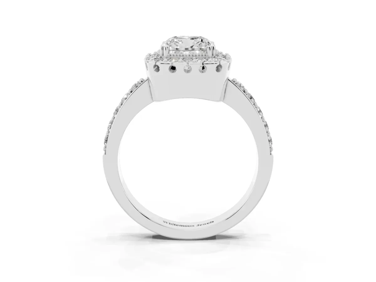 Cushion Cut Diamond Halo Ring with Pavé Band and Prong Setting Silver