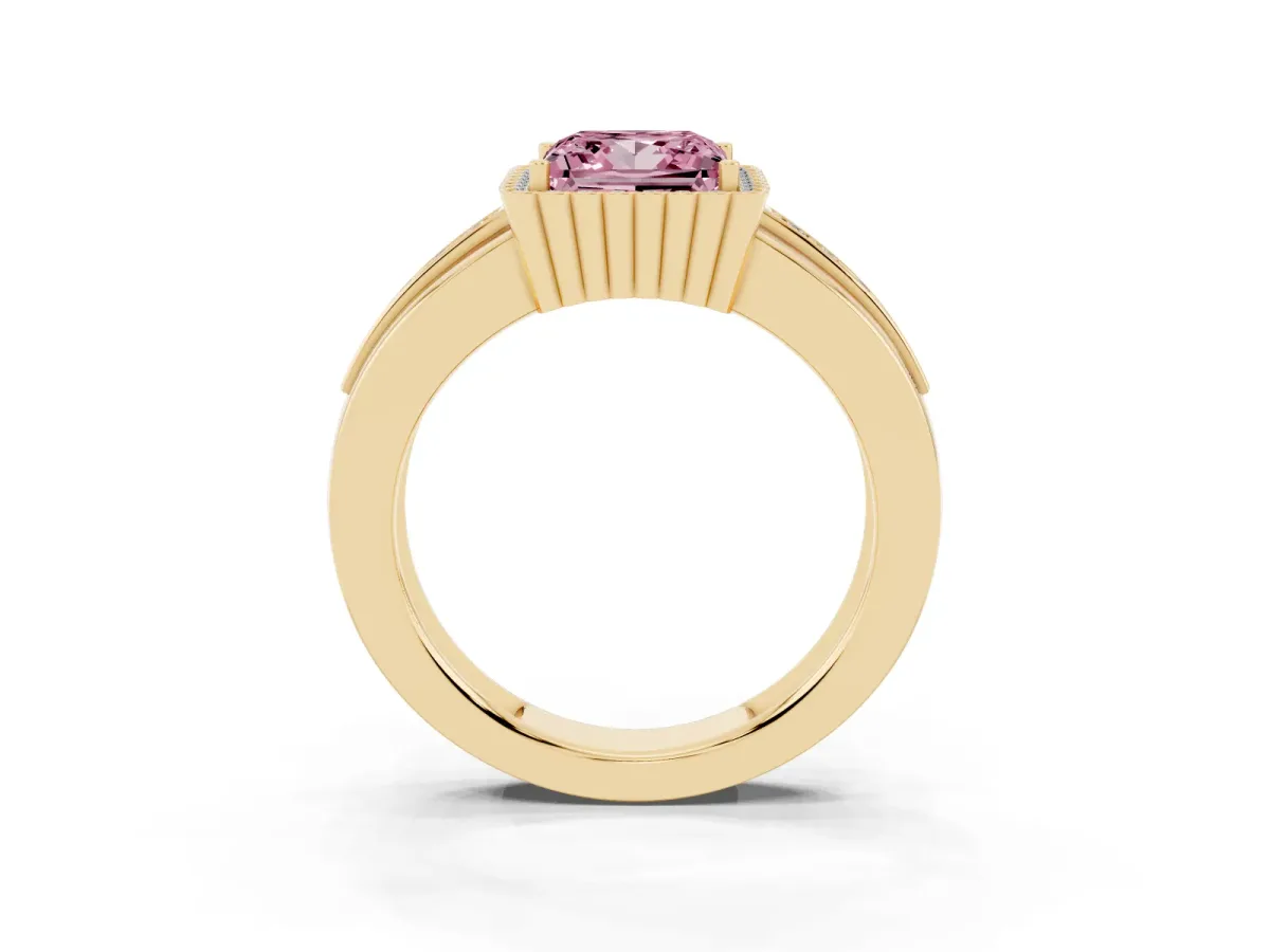 Fancy Pink Princess Cut Cut Halo Pave Band Four-Prong Ring Yellow gold