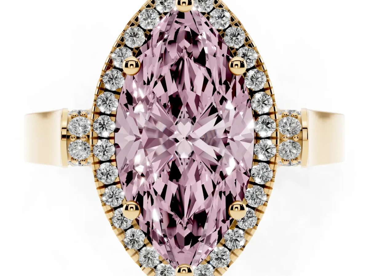 Fancy Pink Marquise Cut Halo Round Diamond Twist Band with Four-Prong Setting Yellow gold