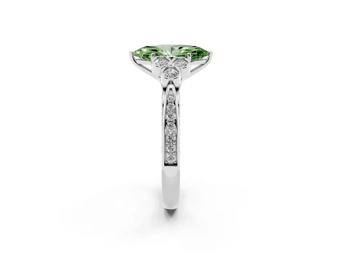 Fancy Green Marquise Cut Cut Diamond Engagement Ring with Bezel Set Round Side Stones and Prong Setting Silver