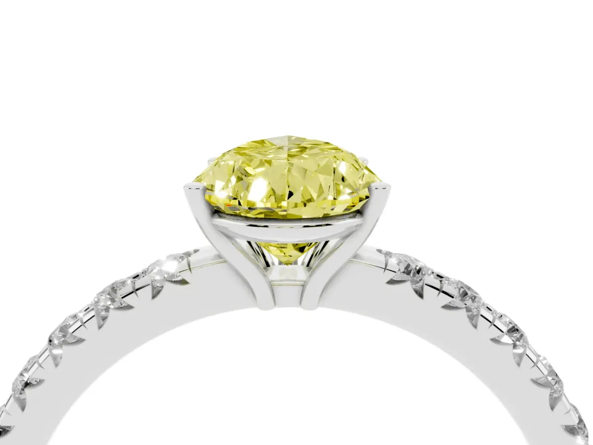 Fancy Yellow Pear Cut Diamond Pavé Solitaire Engagement Ring with Four-Prong Setting Platinum