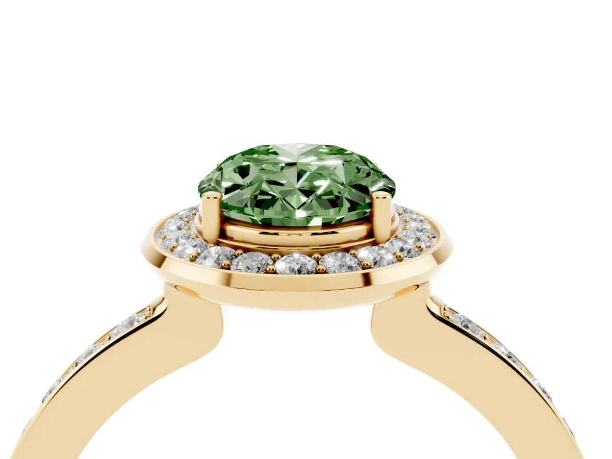 Fancy Green Oval Cut Diamond Halo Ring with Bezel Frame and Pavé Band Yellow gold