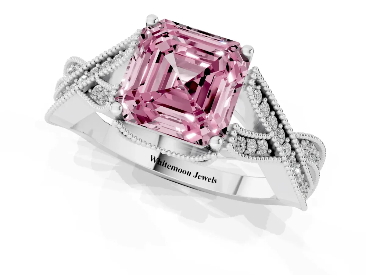 Fancy Pink Asscher Cut Cut Diamond Twisted Band with Milgrain Pave Setting and Four-Prong Setting Silver