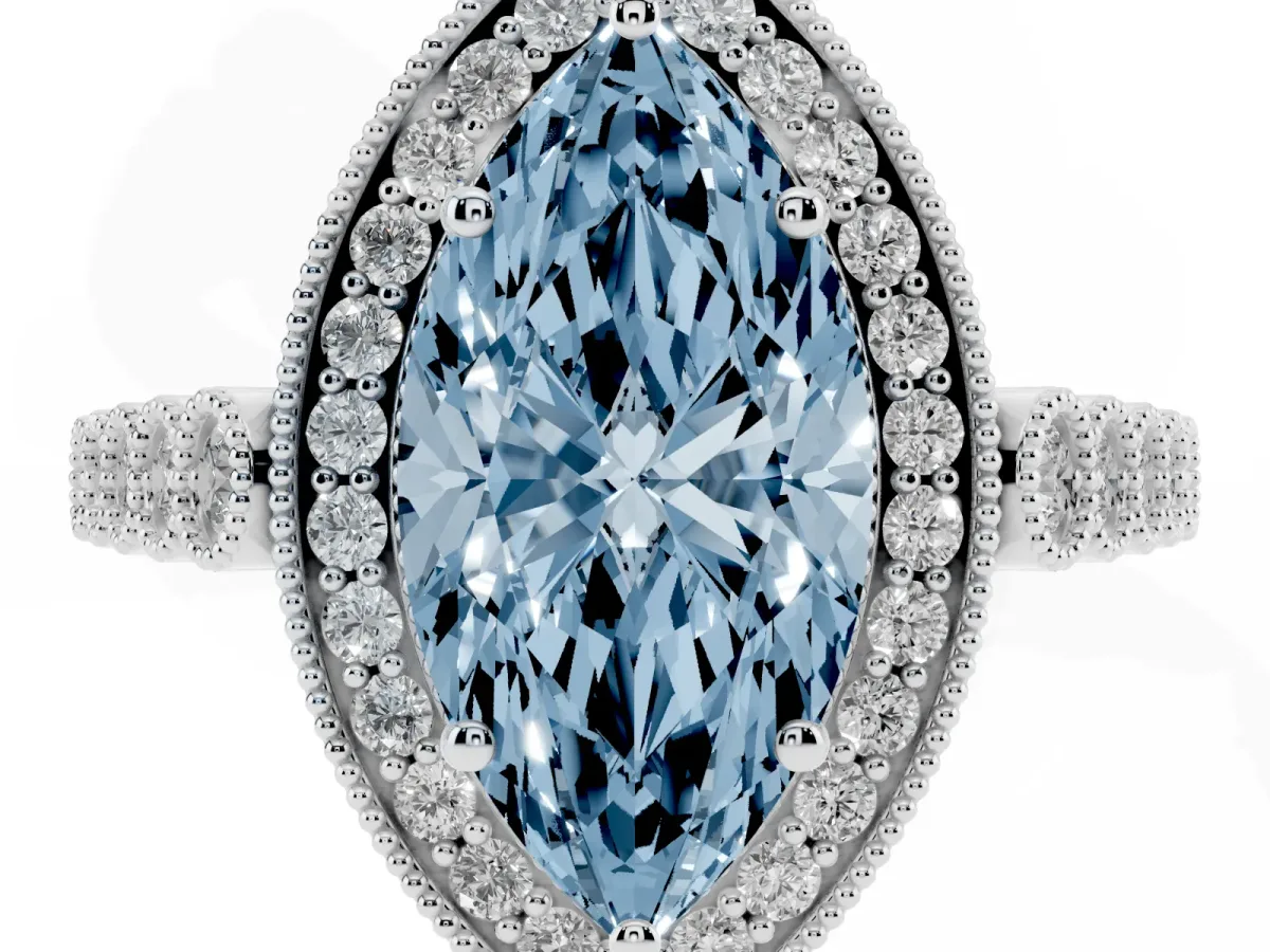 Fancy Blue Marquise Cut Halo Milgrain Solitaire with Bezel Set Side Stones and Pave Band Silver