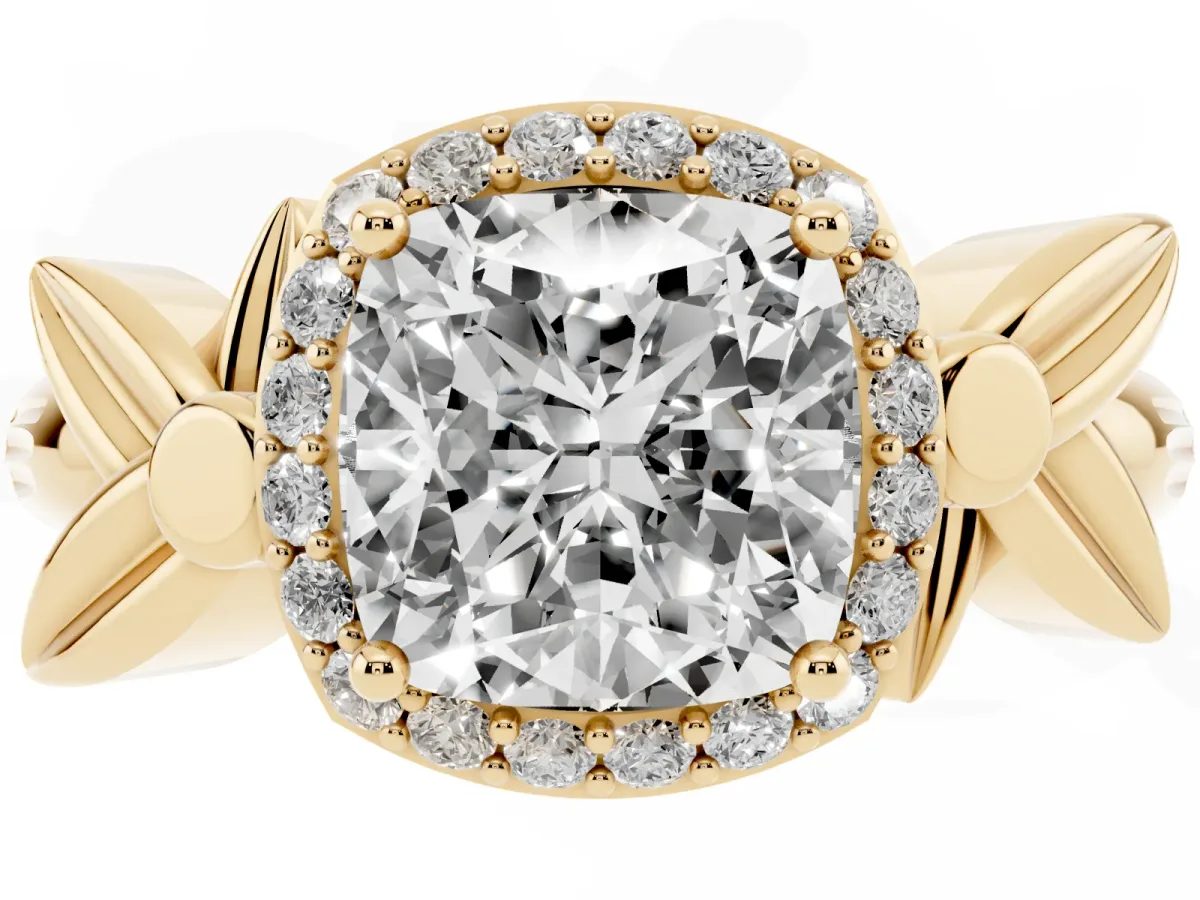 Cushion Cut Halo Diamond Floral Band with Four-Prong Setting Yellow gold