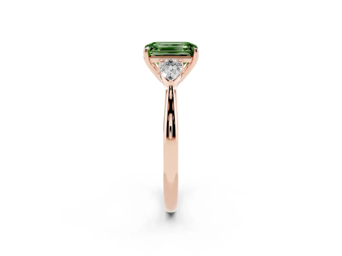 Fancy Green Emerald Cut Diamond Three-Stone Ring with Pear Side Stones and Prong Setting Rose gold