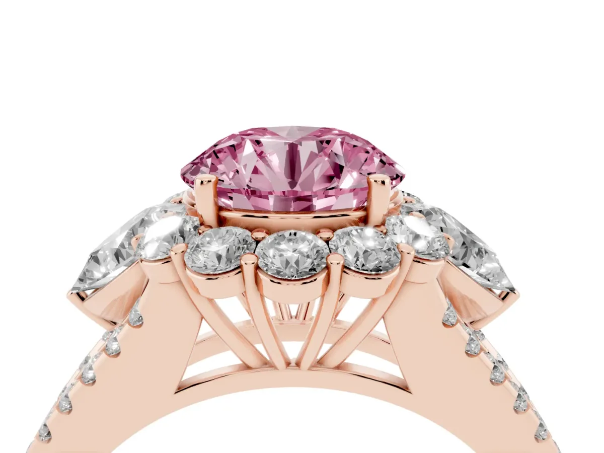 Fancy Pink Round Cut Halo Split Shank Diamond Engagement Ring with Prong Setting Rose gold