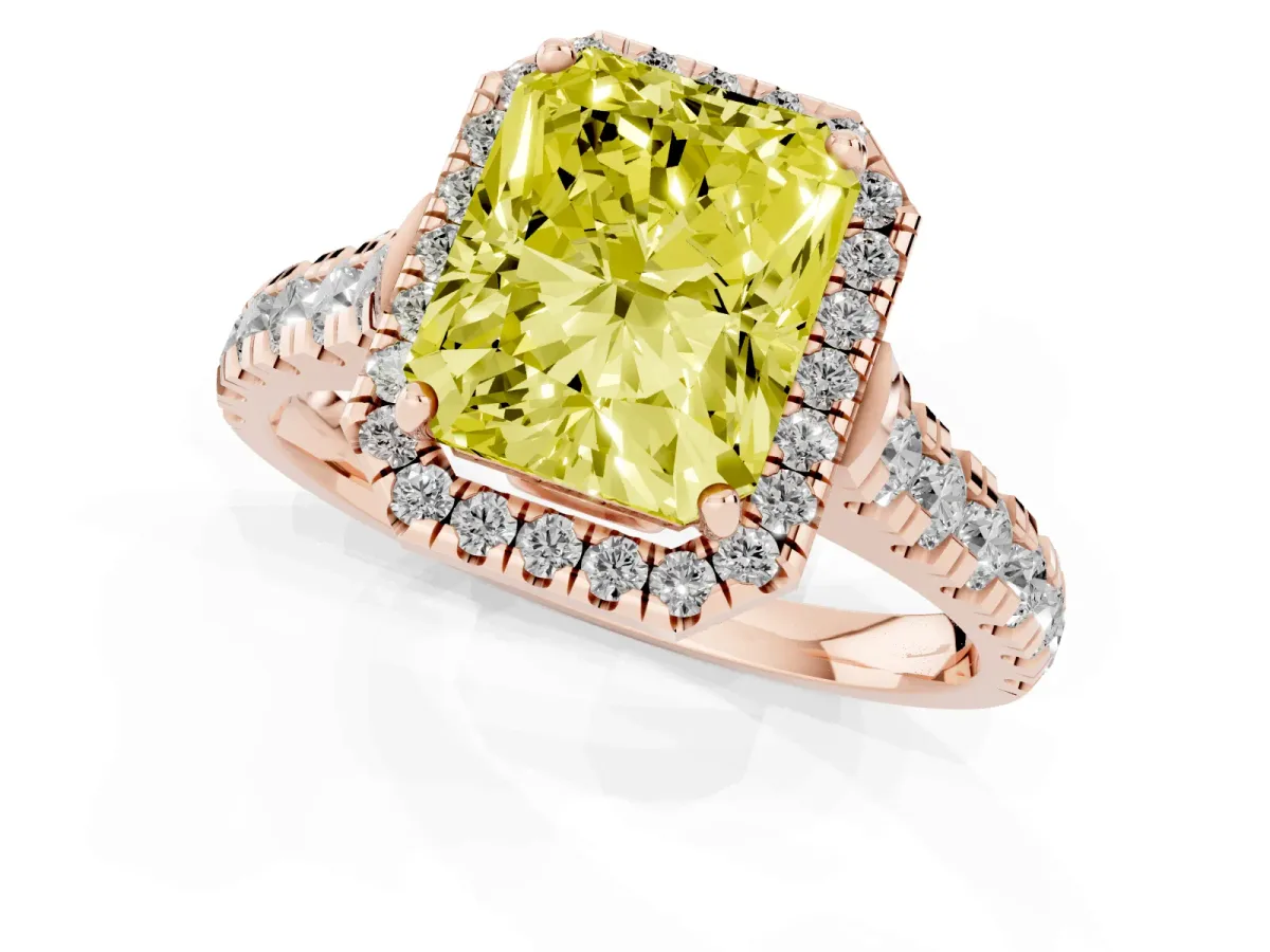 Fancy Yellow Radiant Cut Halo Pavé Diamond Engagement Ring with Four-Prong Setting Rose gold