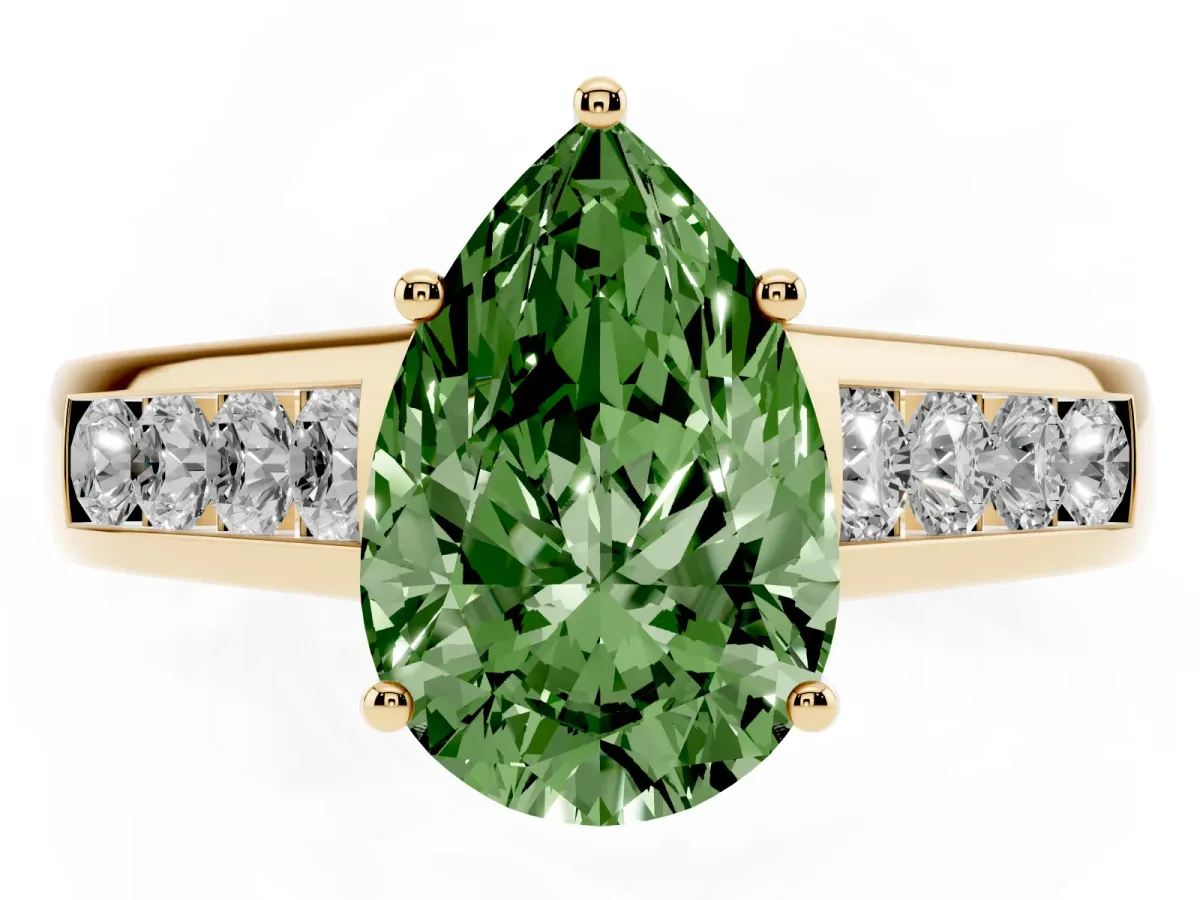 Fancy Green Pear Cut Solitaire Channel-Set Diamond Engagement Ring with Four-Prong Setting Yellow gold