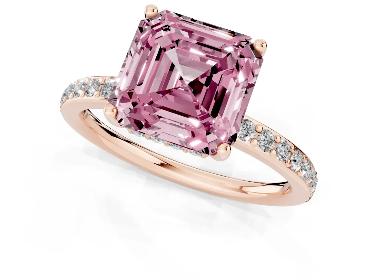Fancy Pink Asscher Cut Cut Diamond Pavé Band Ring with Four-Prong Setting Rose gold