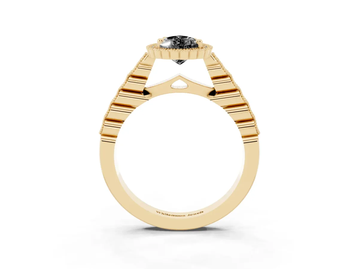 Fancy Black Pear Cut Cut Halo Pavé Solitaire Ring with Milgrain Band Yellow gold