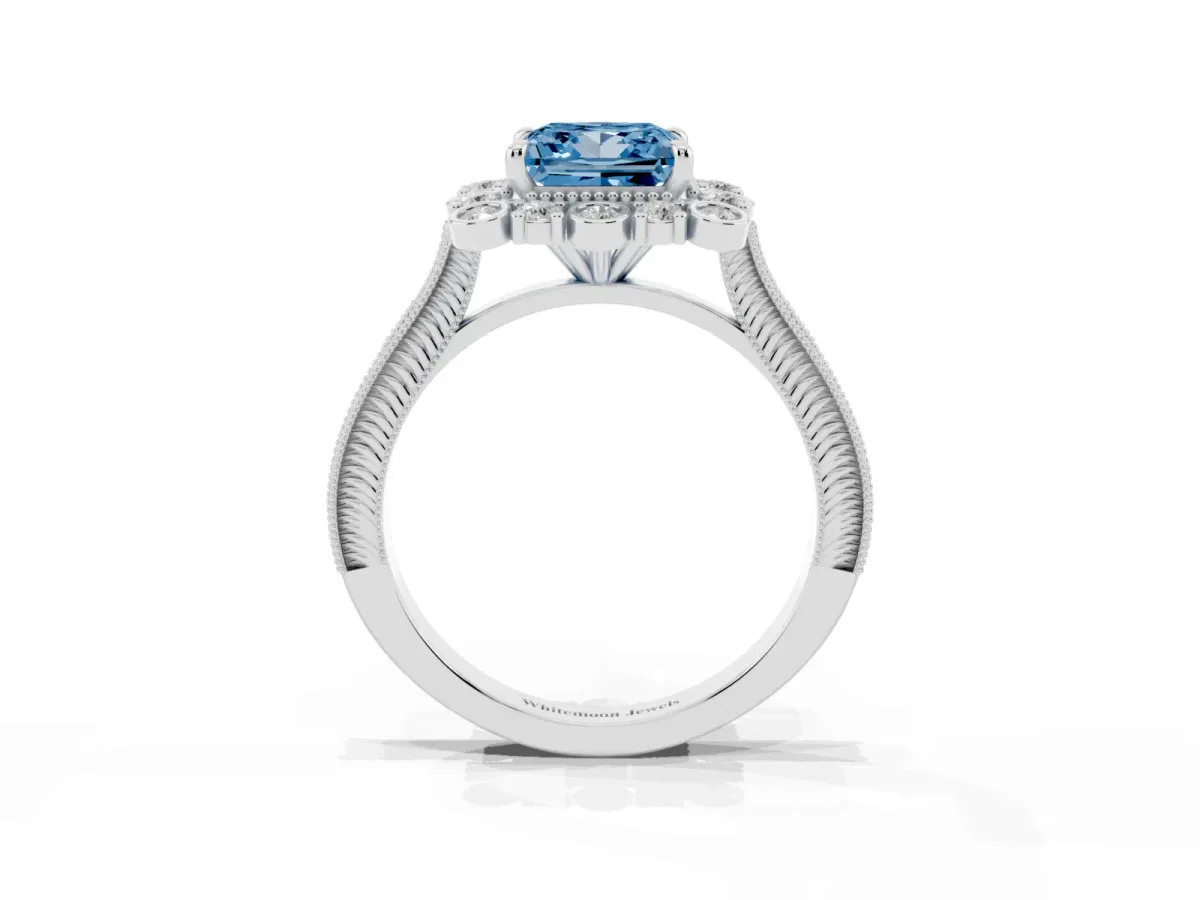 Fancy Blue Princess Cut Halo Milgrain Pave Diamond Ring with Four-Prong Setting Silver