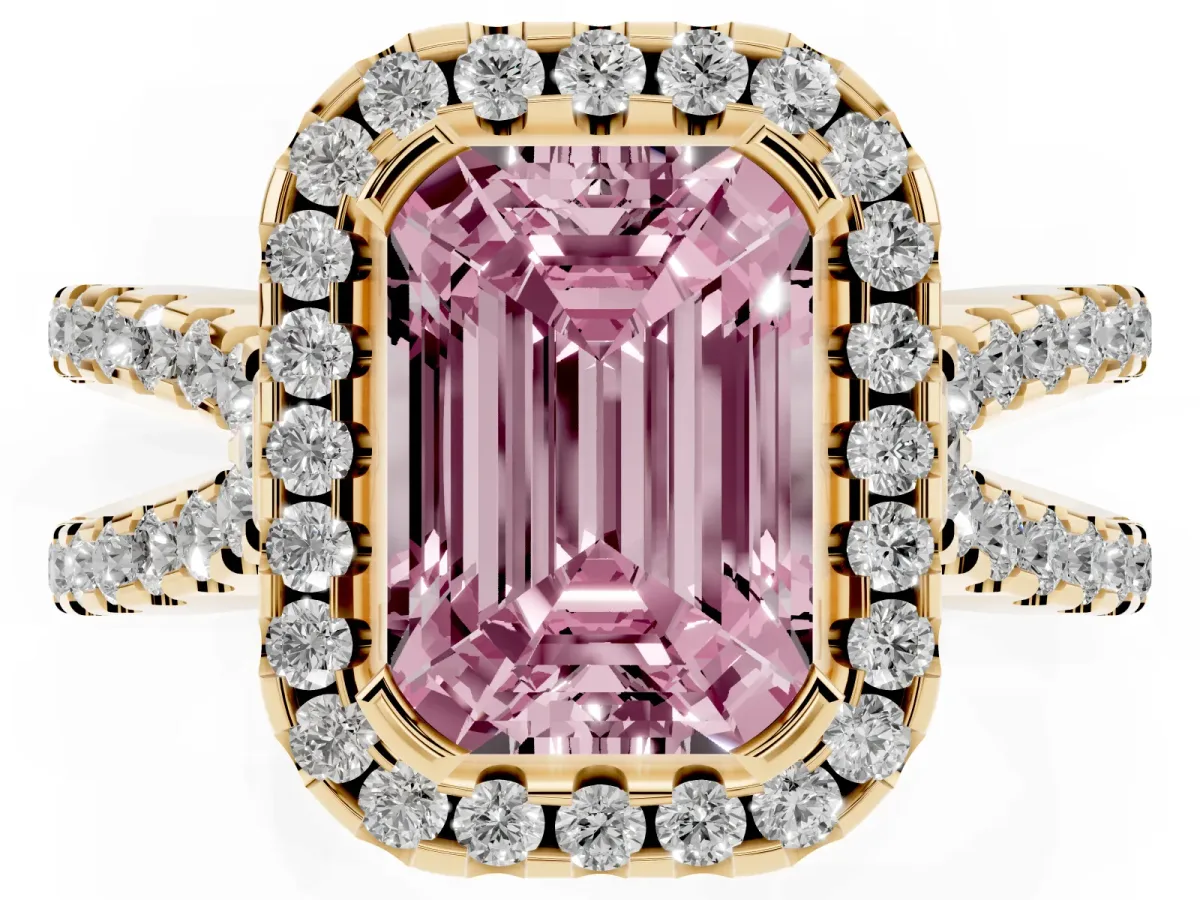 Fancy Pink Emerald Cut Diamond Halo Ring with Split Shank Pavé Band and Prong Setting Yellow gold