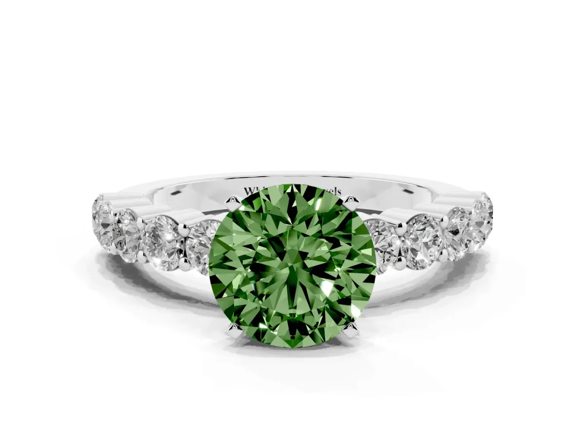 Fancy Green Round Cut Diamond Solitaire Ring with Shared Prong Round Side Stones Silver