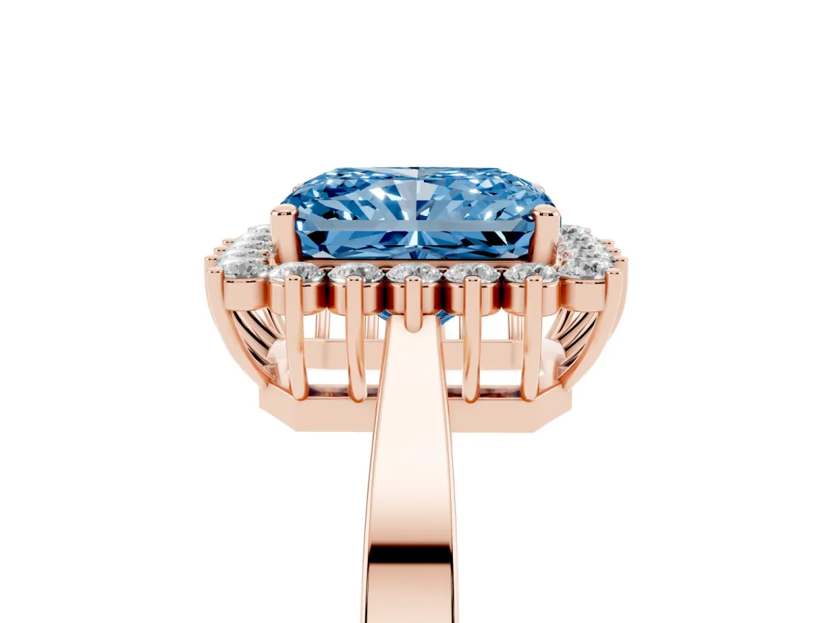 Fancy Blue Radiant Cut Cut Diamond Halo Ring with Round Brilliant Halo and Solitaire Band Rose gold