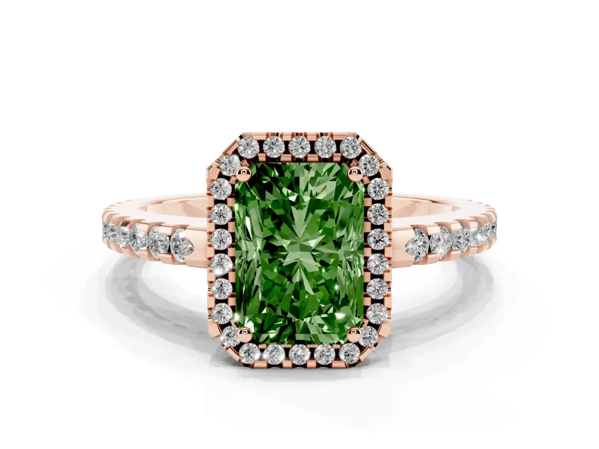 Fancy Green Radiant Cut Diamond Halo Engagement Ring with Pavé Band and Prong Setting Rose gold