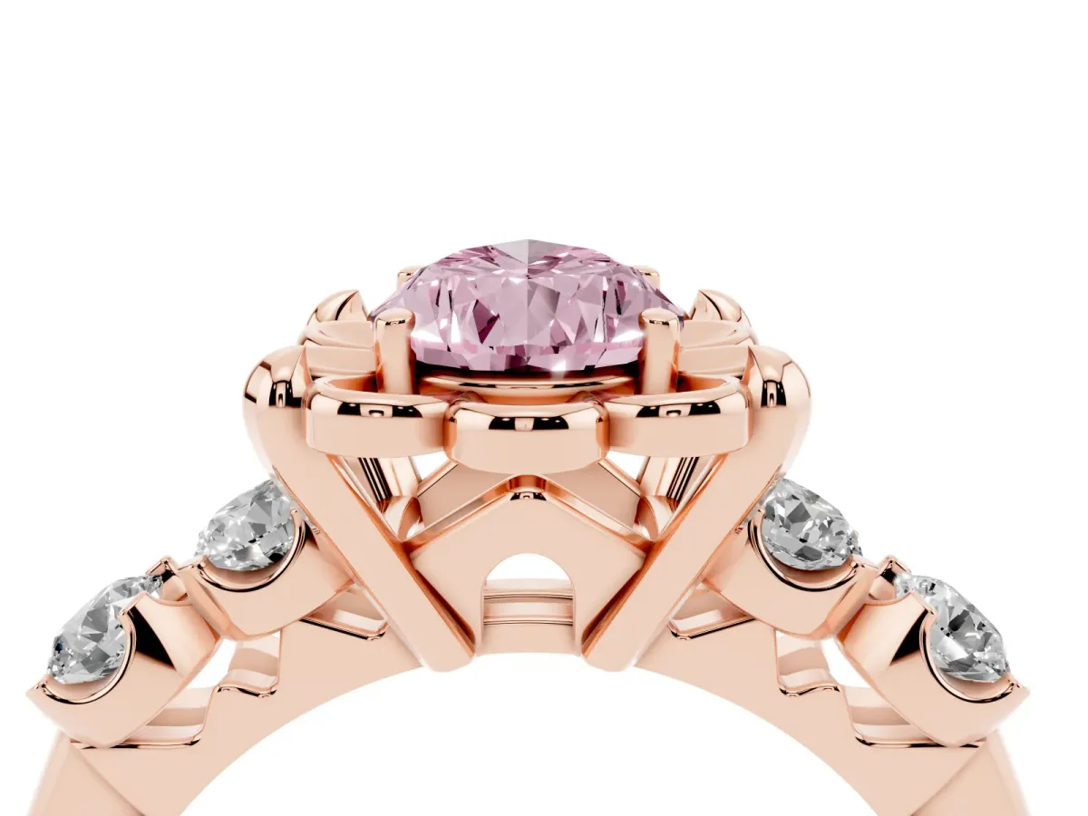 Fancy Pink Pear Cut Cut Diamond Floral Halo Engagement Ring with Shared Prong Setting Rose gold