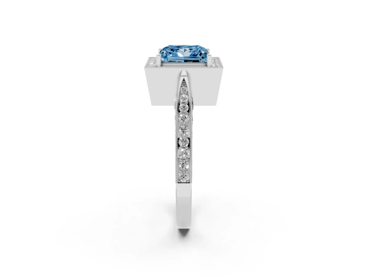Fancy Blue Princess Cut Halo Diamond Engagement Ring with Split Shank Band and Four-Prong Setting Silver