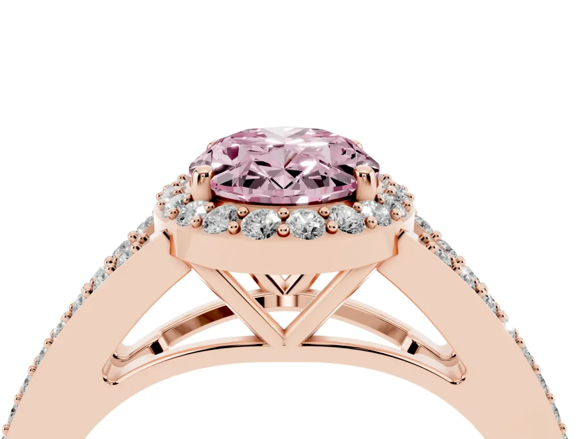 Fancy Pink Oval Cut Halo Split Shank Diamond Ring with Prong Setting Rose gold