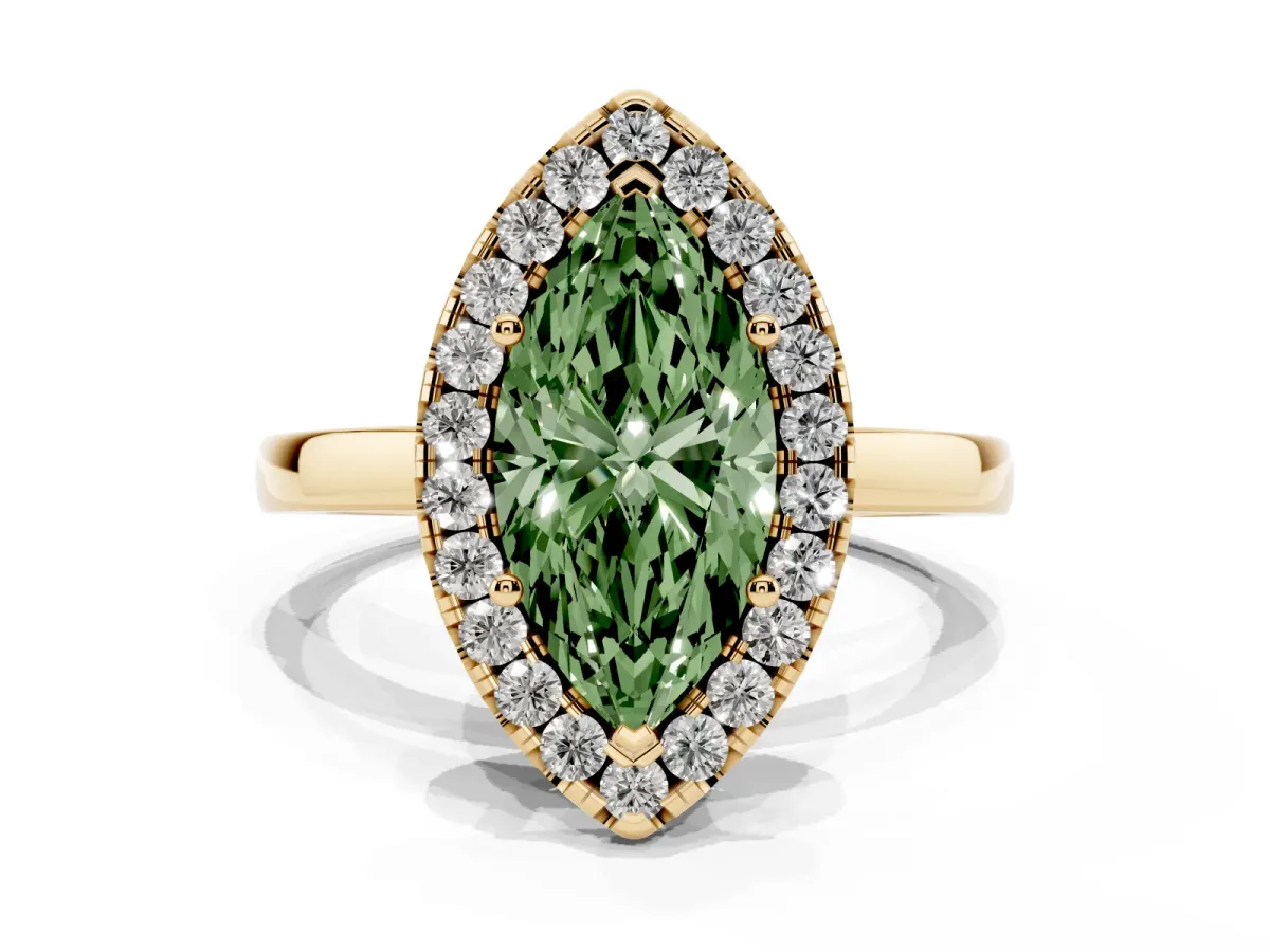 Fancy Green Marquise Cut Halo Diamond Solitaire with Pavé Band and Four-Prong Setting Yellow gold