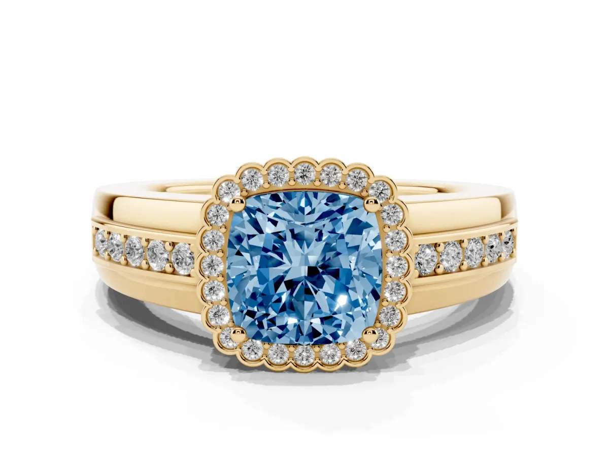 Fancy Blue Cushion Cut Cut Halo Pave Band Four-Prong Ring Yellow gold