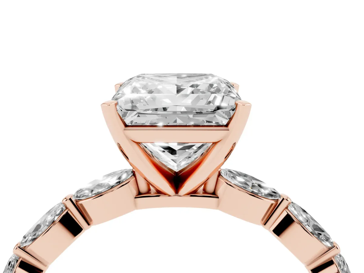 Princess Cut Diamond Ring with Marquise Side Stones and Prong Setting Rose gold