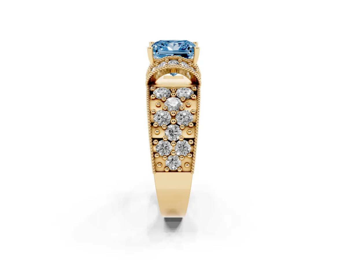 Fancy Blue Princess Cut Halo Pave Diamond Engagement Ring with Milgrain Detailing Yellow gold