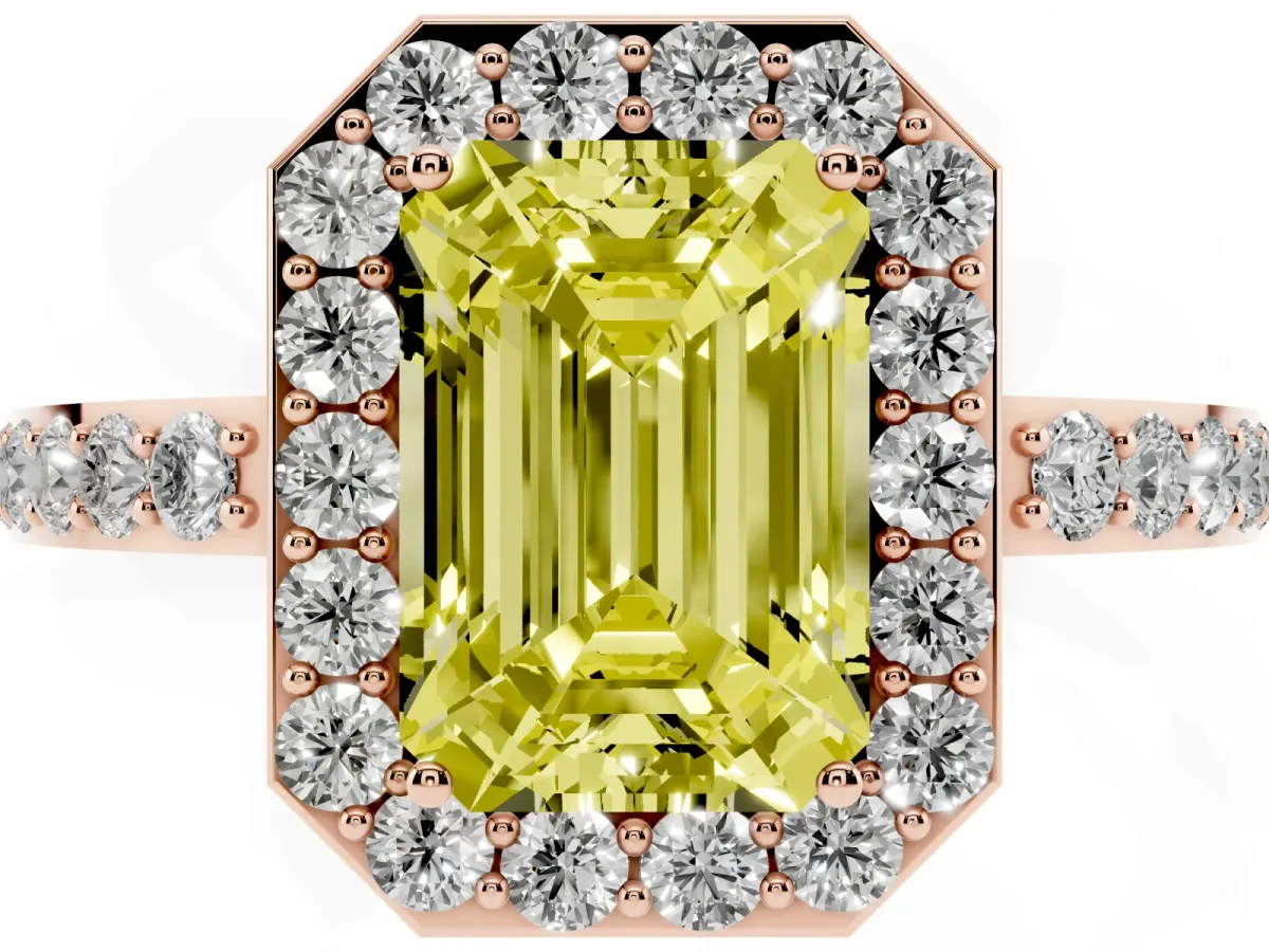 Fancy Yellow Emerald Cut Halo Diamond Pavé Band Ring with Prong Setting Rose gold