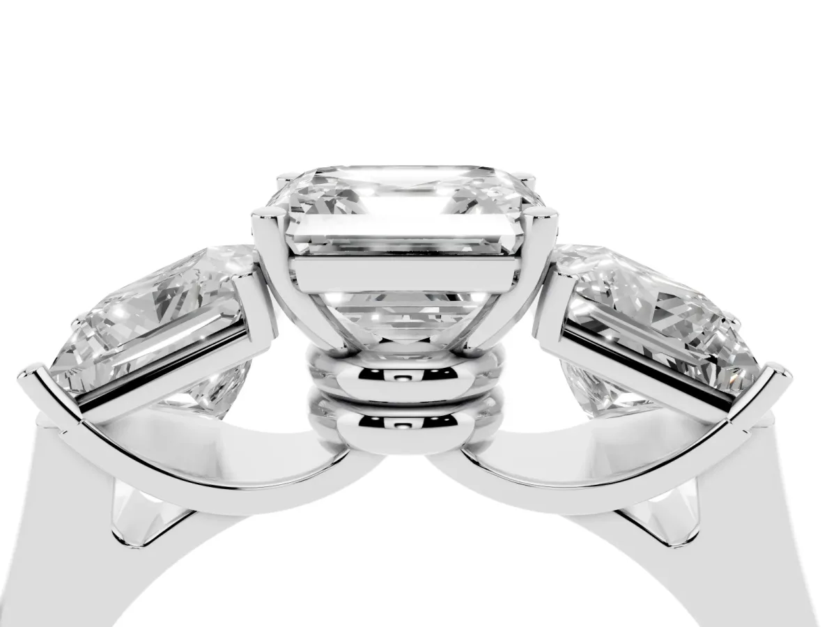 Three-Stone Asscher Cut Brilliant Diamond Trellis Ring with Comfort Fit Band Platinum