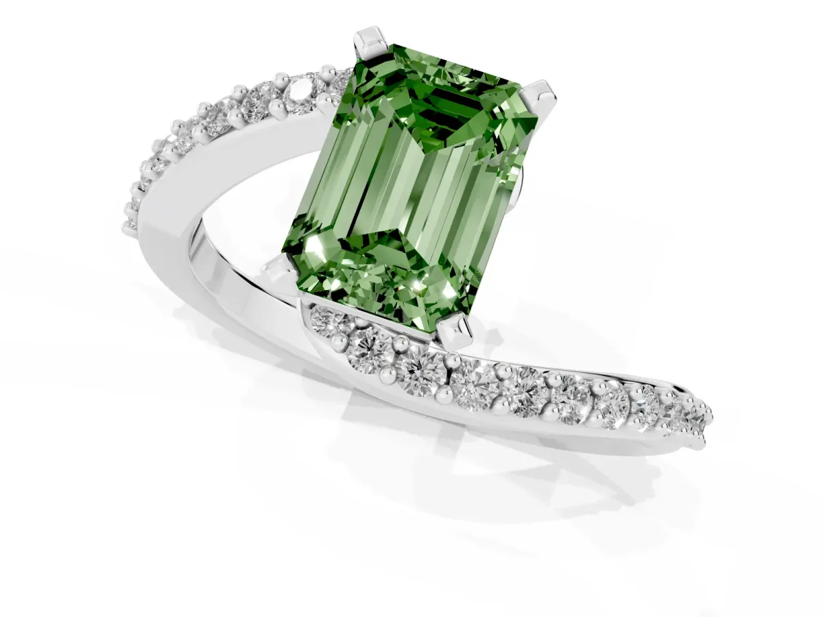 Fancy Green Emerald Cut Solitaire Twist Band with Pave Set Diamonds and Four-Prong Setting Platinum